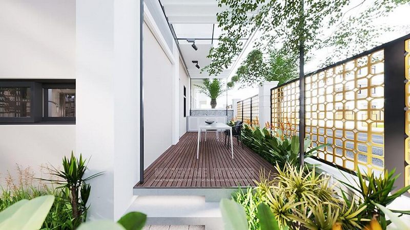 Kiến trúc ngoại thất của khuôn viên bên ngoài biệt thự được thiết kế đẹp.