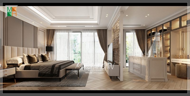 Gợi ý mẫu thiết kế phòng ngủ theo phong cách đương đại với nội thất gỗ tự nhiên cao cấp màu trắng, phù hợp với các loại hình nhà ở như chung cư, nhà phố, biệt thự.
